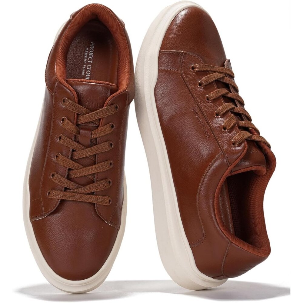 ⚡ Men Cognac Faux Leather Memory Foam Insole Lightweight Non Slip Sneakers